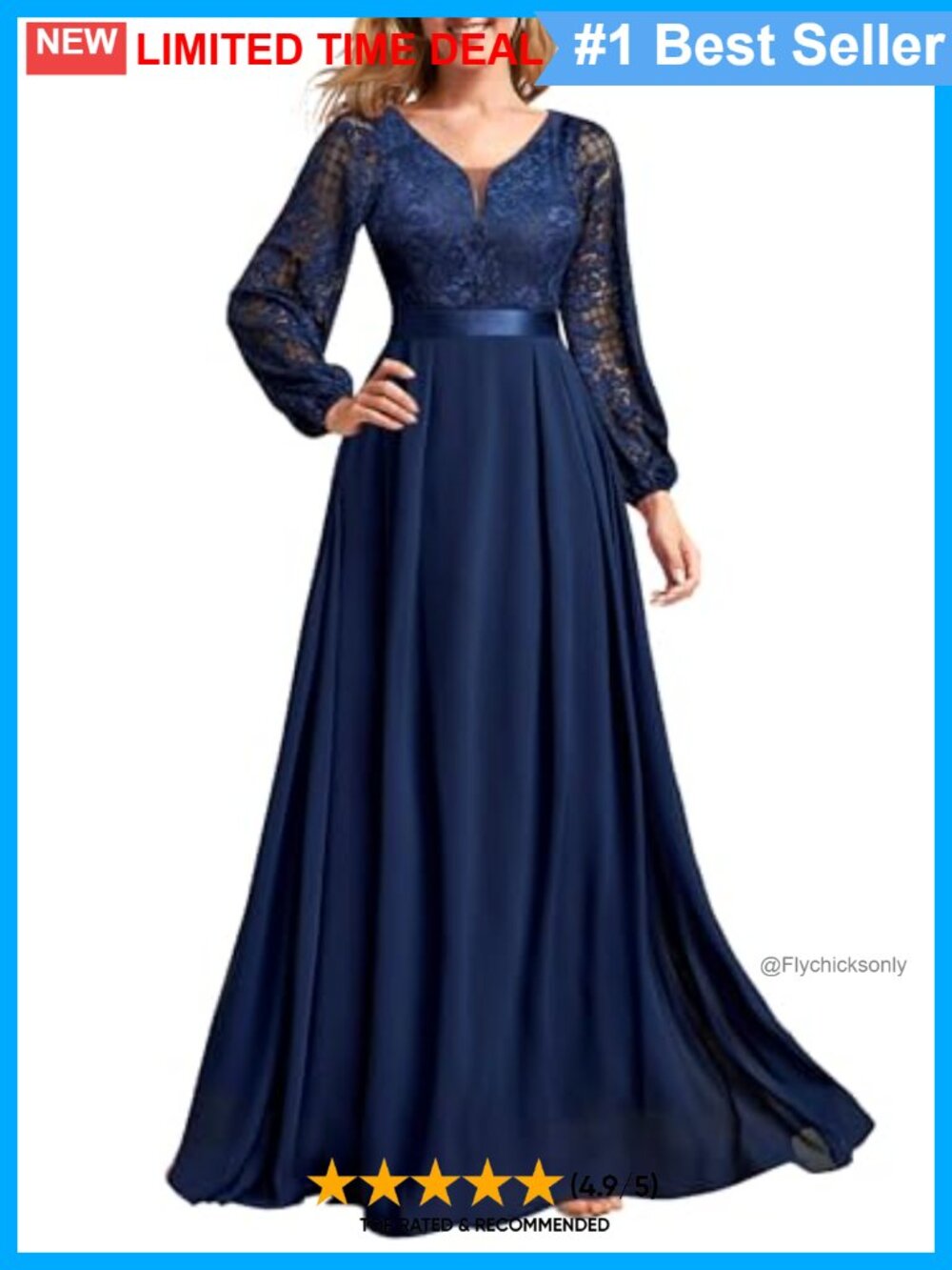 Satin Waist Lace Chiffon Evening Gown V-Neck Puff Sleeve Formal Dress